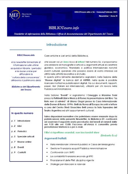 E' online la Newsletter BIBLIOTesoro.info n. 62 Gennaio-Febbraio 2024