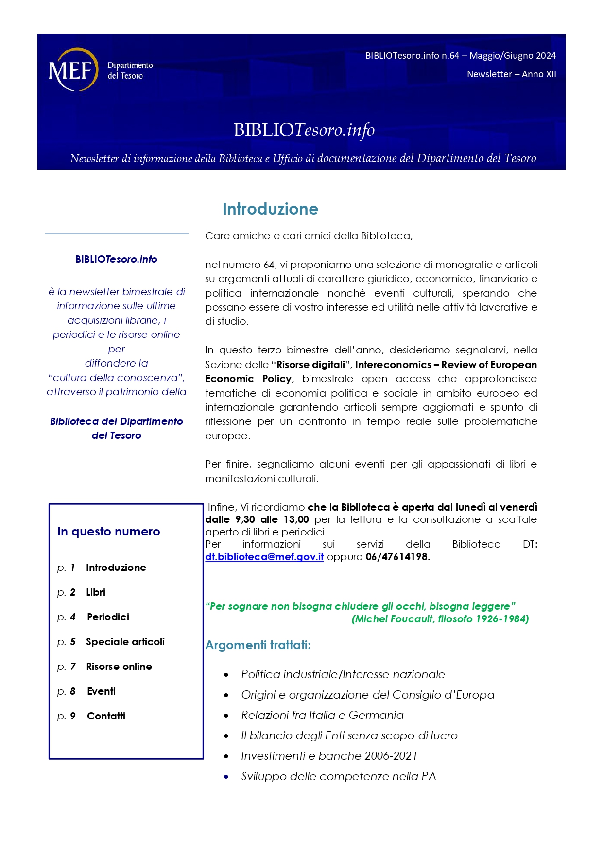 E' online la Newsletter BIBLIOTesoro.info n. 64 Maggio-Giugno 2024